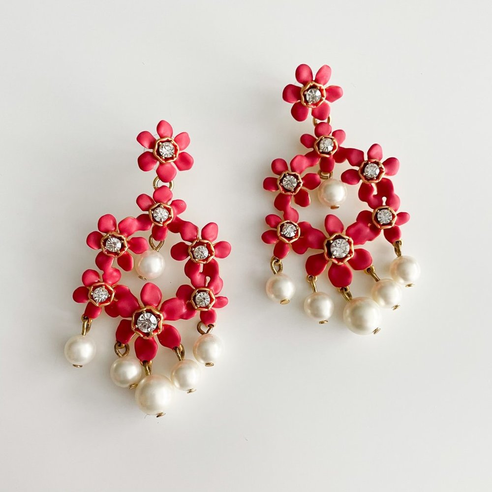 J. Crew Pearl and Crystal Floral Chandelier Earrings (Red)